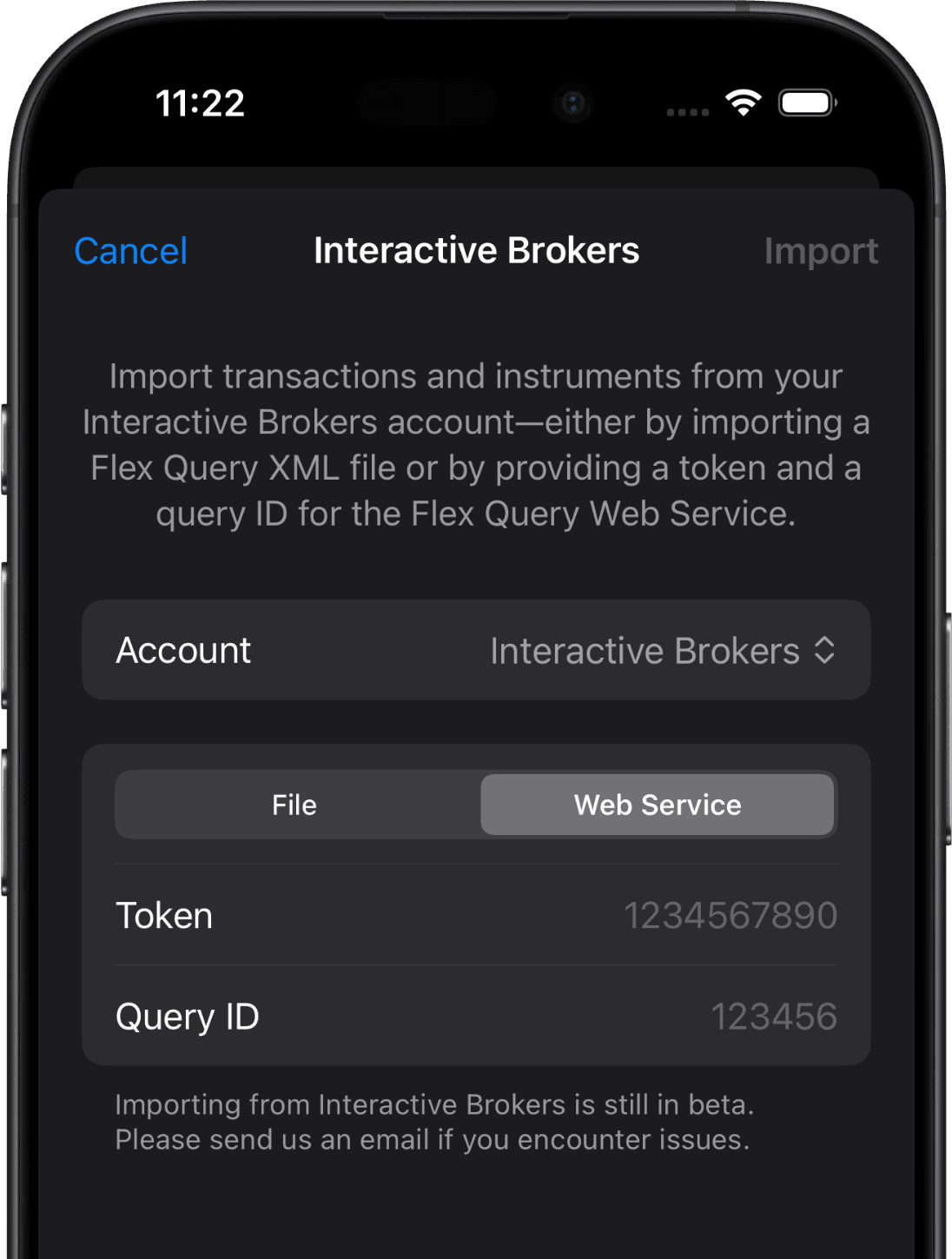 Screenshot of the Interactive Brokers import screen on iOS