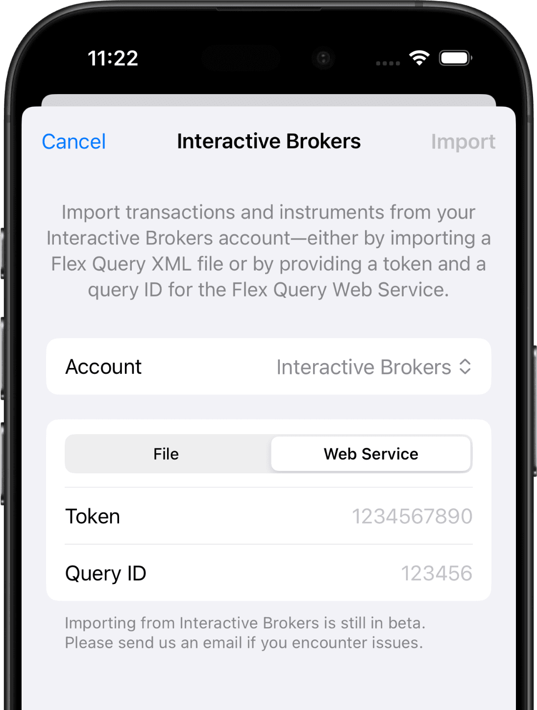 Screenshot of the Interactive Brokers import screen on iOS